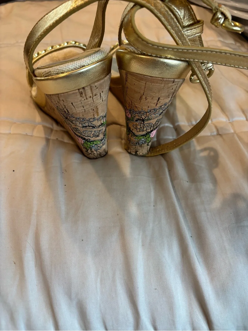 Coach Vintage Metallic Gold Chain-Trim Cork Wedges